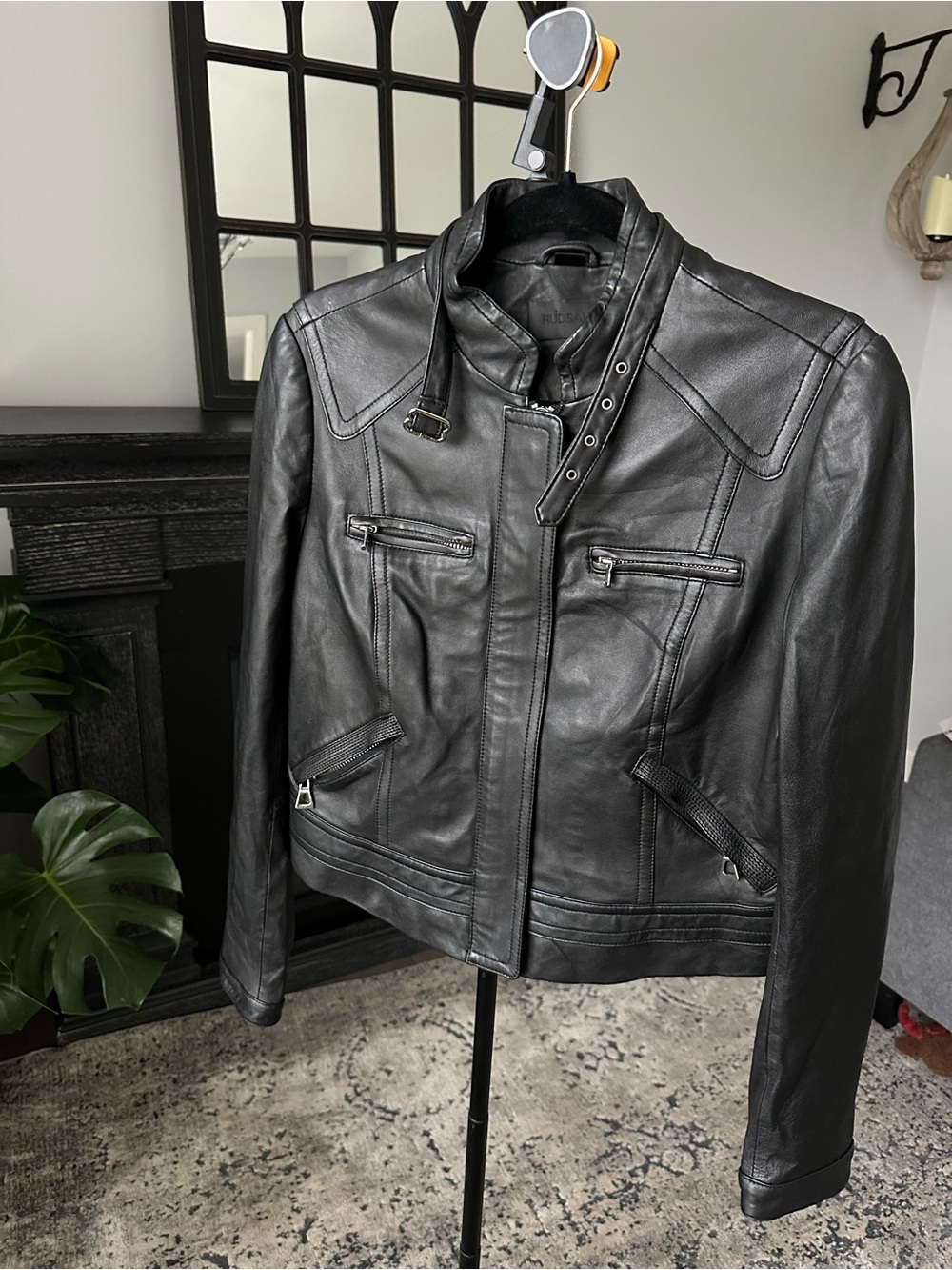 RUDSAK Black Leather Biker Jacket with Buckle Neck